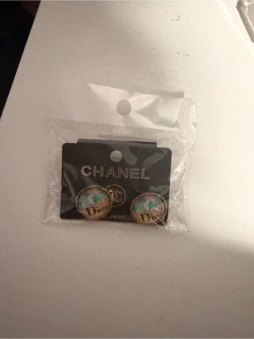CHANEL Two-Tone Round Stud Earrings in Mint Green and Gold